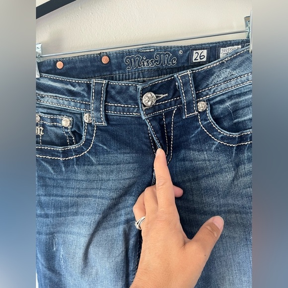 Miss Me Embellished Rhinestone Back Bootcut Low Rise Jeans Style# JE5554B2R - Picture 5 of 14